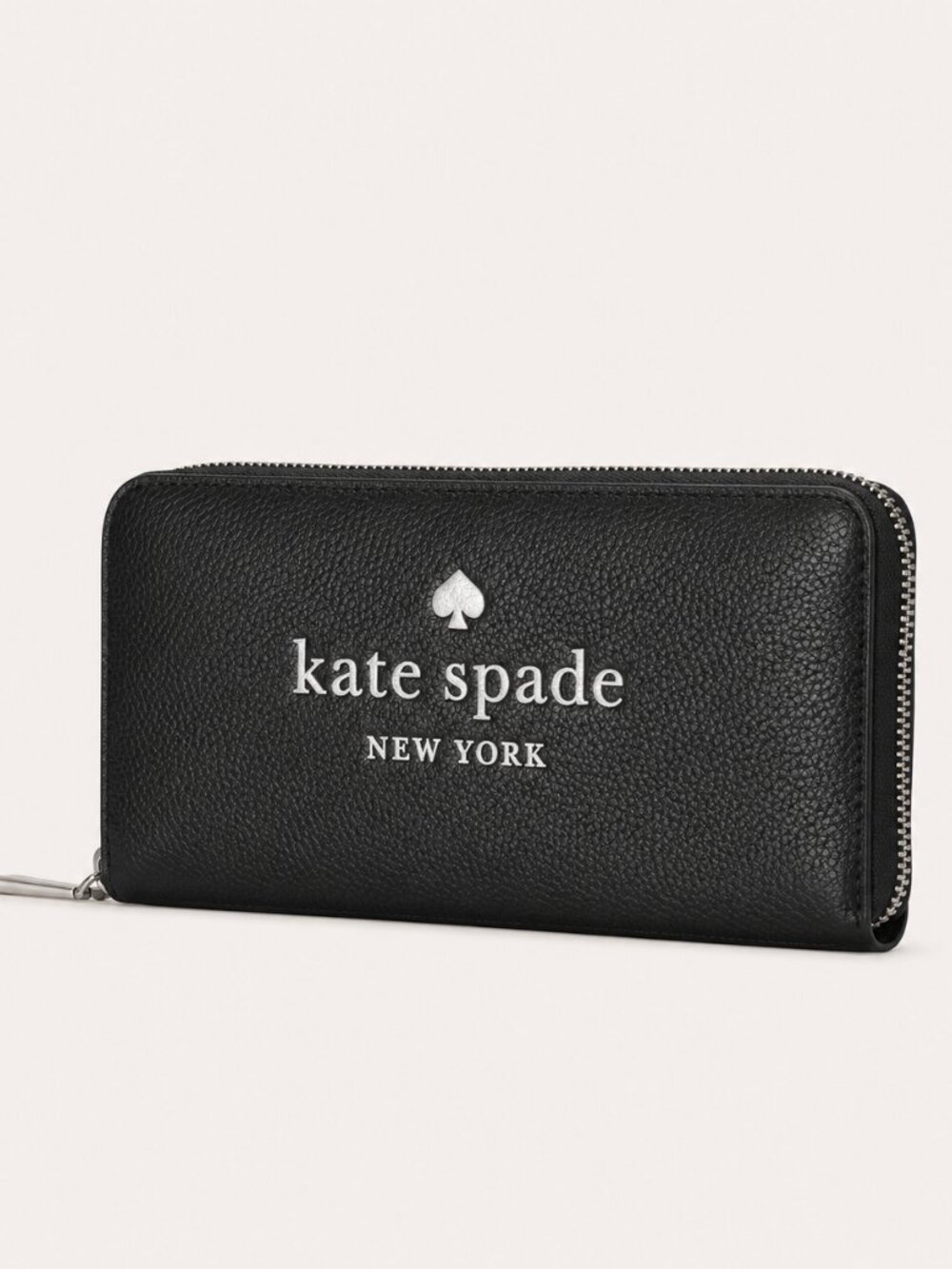 Kate Spade Black Pebbled Leather Zip Around Wallet Spade Logo NWT